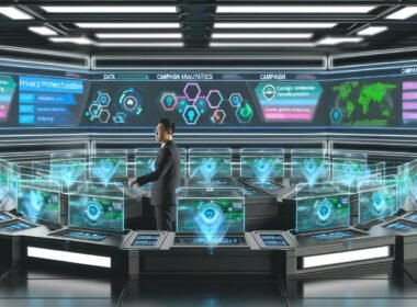 Futuristischer Kontrollraum mit Marketer, der an einer zentralen High-Tech-Konsole sitzt, umgeben von Daten-Dashboards, Plattformnamen wie Google Ads, Meta und CRM sowie Datenschutzsymbolen.