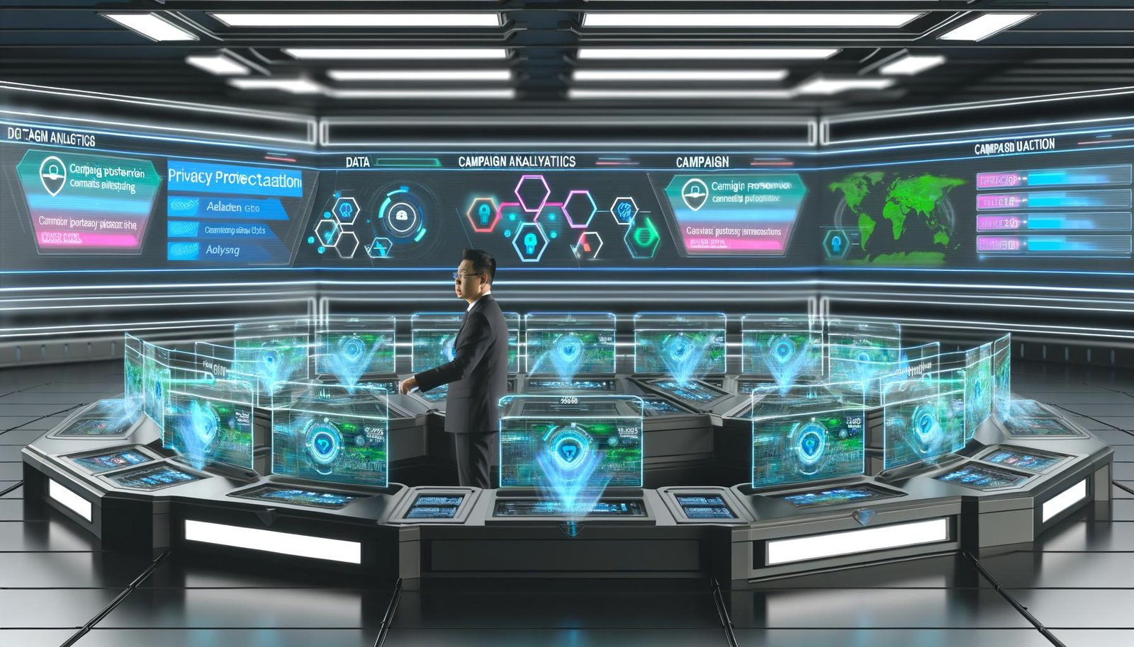 Futuristischer Kontrollraum mit Marketer, der an einer zentralen High-Tech-Konsole sitzt, umgeben von Daten-Dashboards, Plattformnamen wie Google Ads, Meta und CRM sowie Datenschutzsymbolen.