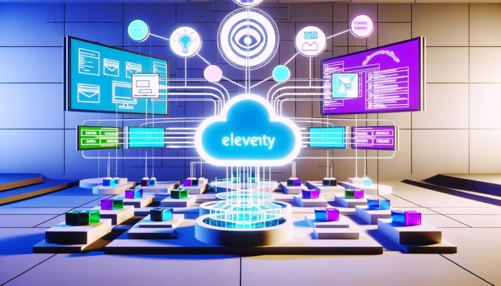 Modernes, futuristisches Workspace-Titelbild mit mehreren digitalen Bildschirmen, die verschiedene Content-Formate darstellen, zentralem stilisierten Eleventy-Logo als Schaltzentrale und abstrakten Content-Blöcken im Hintergrund.