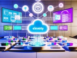 Modernes, futuristisches Workspace-Titelbild mit mehreren digitalen Bildschirmen, die verschiedene Content-Formate darstellen, zentralem stilisierten Eleventy-Logo als Schaltzentrale und abstrakten Content-Blöcken im Hintergrund.