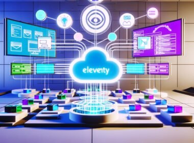 Modernes, futuristisches Workspace-Titelbild mit mehreren digitalen Bildschirmen, die verschiedene Content-Formate darstellen, zentralem stilisierten Eleventy-Logo als Schaltzentrale und abstrakten Content-Blöcken im Hintergrund.