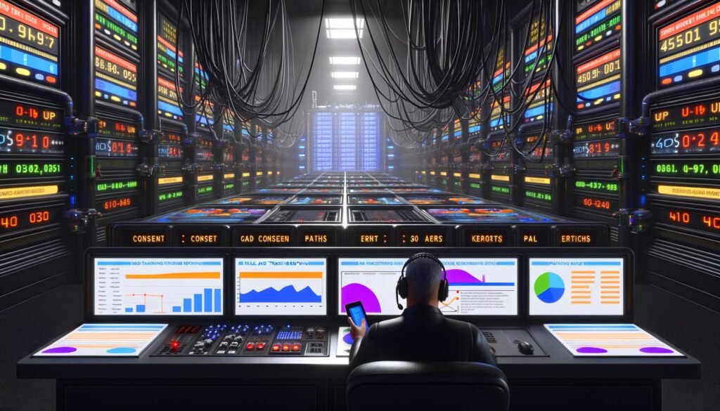 Futuristischer Maschinenraum mit konzentriertem Marketing-Profi vor Dashboards, voll bunten Datenströmen, KPI-Grafiken, Conversion-Pfaden und technischem Equipment im Hintergrund.