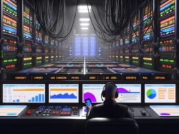 Futuristischer Maschinenraum mit konzentriertem Marketing-Profi vor Dashboards, voll bunten Datenströmen, KPI-Grafiken, Conversion-Pfaden und technischem Equipment im Hintergrund.