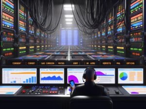 Futuristischer Maschinenraum mit konzentriertem Marketing-Profi vor Dashboards, voll bunten Datenströmen, KPI-Grafiken, Conversion-Pfaden und technischem Equipment im Hintergrund.