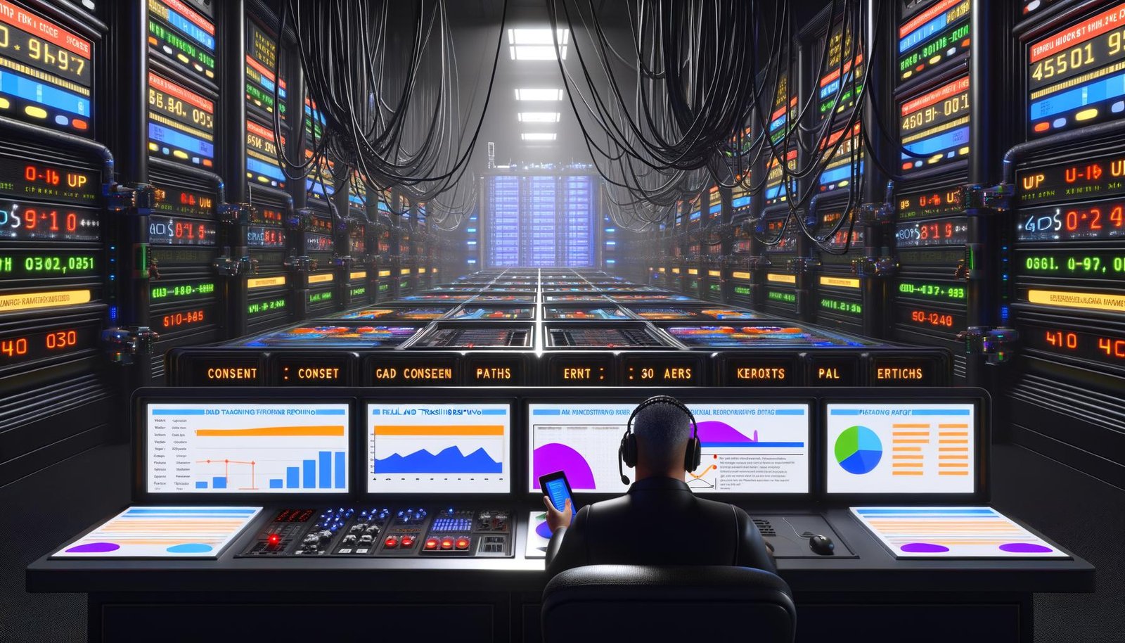 Futuristischer Maschinenraum mit konzentriertem Marketing-Profi vor Dashboards, voll bunten Datenströmen, KPI-Grafiken, Conversion-Pfaden und technischem Equipment im Hintergrund.