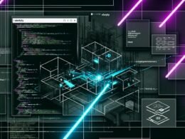 Dunkle Collage mit Logos von Eleventy, Next.js und Headless CMS, durchzogen von cyan- und magentafarbenen Datenströmen, Code-Blöcken und Workflow-Diagrammen.