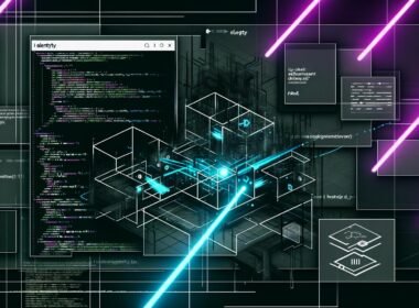 Dunkle Collage mit Logos von Eleventy, Next.js und Headless CMS, durchzogen von cyan- und magentafarbenen Datenströmen, Code-Blöcken und Workflow-Diagrammen.