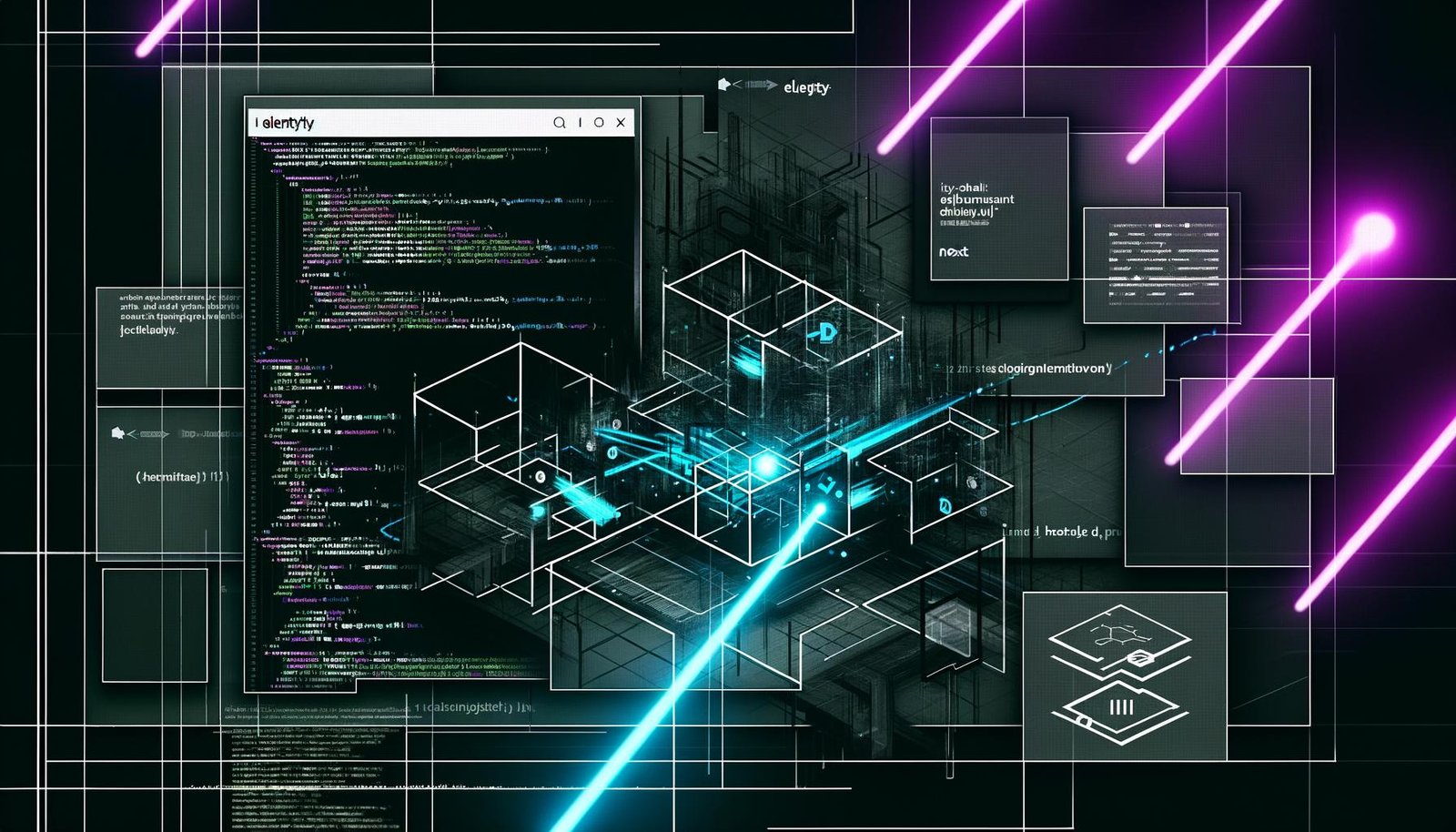 Dunkle Collage mit Logos von Eleventy, Next.js und Headless CMS, durchzogen von cyan- und magentafarbenen Datenströmen, Code-Blöcken und Workflow-Diagrammen.