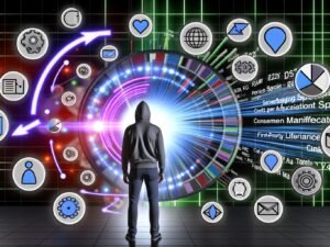 Dynamisch-moderne Illustration eines digitalen Marketingsystems mit Serverraum, Werbeplattformen-Icons, Datenströmen, KPIs, und Marketer vor Tools wie Server Side Tagging und Consent Management, kontrastiert durch zerbrechende Third Party Cookies.