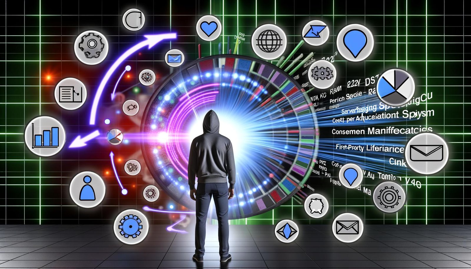 Dynamisch-moderne Illustration eines digitalen Marketingsystems mit Serverraum, Werbeplattformen-Icons, Datenströmen, KPIs, und Marketer vor Tools wie Server Side Tagging und Consent Management, kontrastiert durch zerbrechende Third Party Cookies.