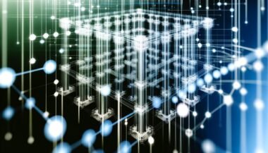 Futuristisches digitales Bauwerk mit Säulen aus Stahl und Glas als Website-Struktur, umgeben von Cluster-Artikeln und schematischen Google-Algorithmus-Elementen im Hintergrund.