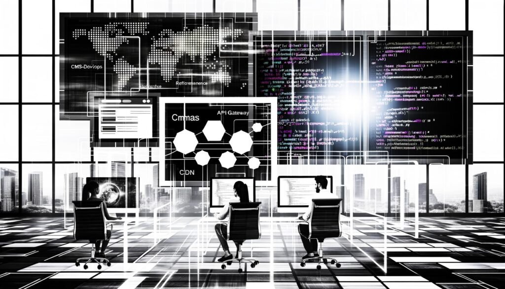 Digitales Konzeptbüro mit Entwicklern an ultrabreiten Bildschirmen, darauf Quellcode von Eleventy und Next.js, Headless CMS Dashboard und einem Architekturdiagramm mit vernetzten Systemen im Hintergrund.