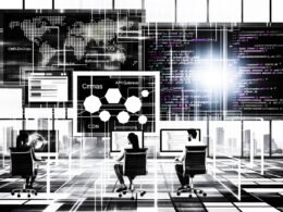 Digitales Konzeptbüro mit Entwicklern an ultrabreiten Bildschirmen, darauf Quellcode von Eleventy und Next.js, Headless CMS Dashboard und einem Architekturdiagramm mit vernetzten Systemen im Hintergrund.