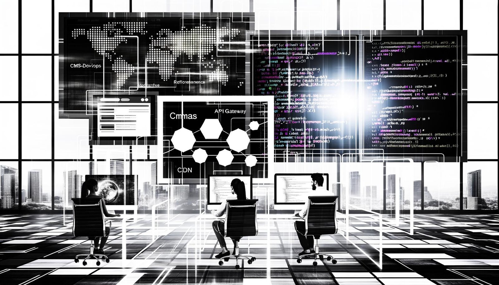 Digitales Konzeptbüro mit Entwicklern an ultrabreiten Bildschirmen, darauf Quellcode von Eleventy und Next.js, Headless CMS Dashboard und einem Architekturdiagramm mit vernetzten Systemen im Hintergrund.