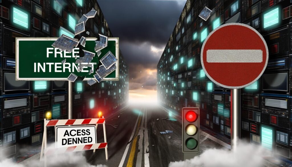 Digitales Straßenschild mit 'FREIES INTERNET' auf einer bröckelnden Datenautobahn, umgeben von Warnlichtern, Access Denied-Barriere und Zensur-Icons im nebligen, trüben Himmel.