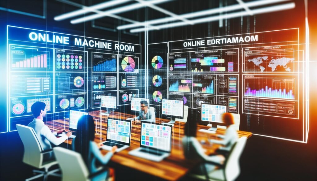 Team junger Redakteure arbeitet konzentriert in einem modernen, digitalen Maschinenraum vor bunten Monitoren mit Redaktionsplänen und Kanban-Boards.