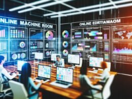 Team junger Redakteure arbeitet konzentriert in einem modernen, digitalen Maschinenraum vor bunten Monitoren mit Redaktionsplänen und Kanban-Boards.