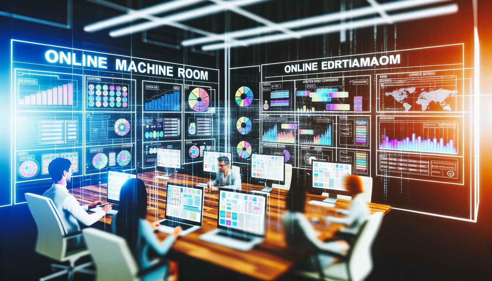 Team junger Redakteure arbeitet konzentriert in einem modernen, digitalen Maschinenraum vor bunten Monitoren mit Redaktionsplänen und Kanban-Boards.