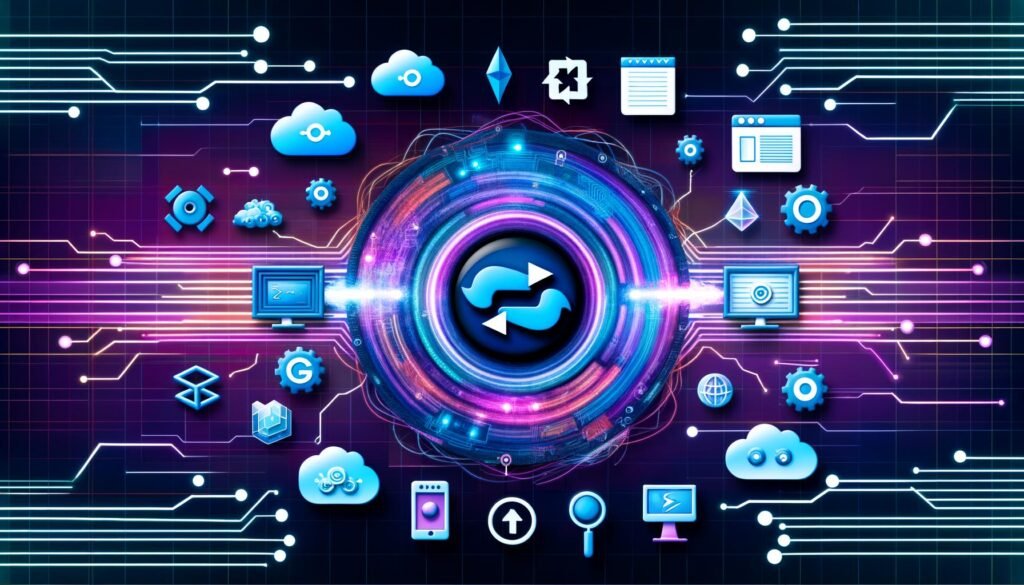Moderne, abstrakte Illustration mit dem Eleventy-Logo, umgeben von Stack- und Serverless-Symbolen, Datenströmen, CI/CD, Edge-Netzwerken sowie SEO-Elementen in Blau- und Cyantönen.