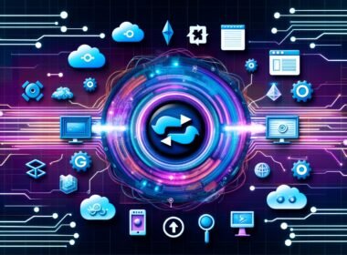 Moderne, abstrakte Illustration mit dem Eleventy-Logo, umgeben von Stack- und Serverless-Symbolen, Datenströmen, CI/CD, Edge-Netzwerken sowie SEO-Elementen in Blau- und Cyantönen.