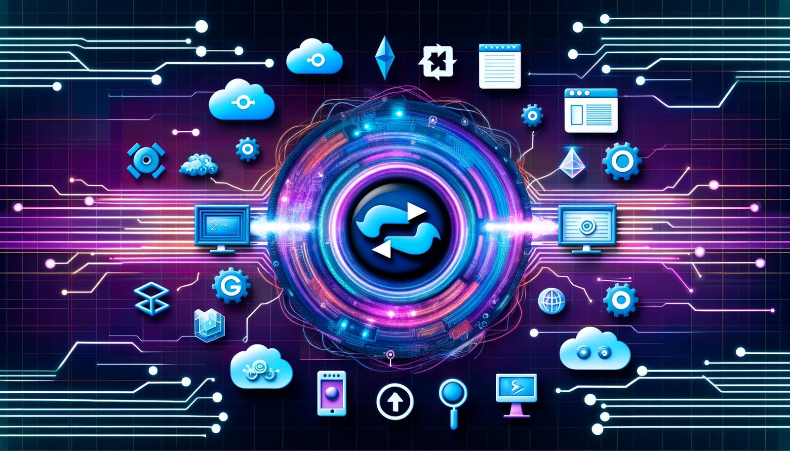 Moderne, abstrakte Illustration mit dem Eleventy-Logo, umgeben von Stack- und Serverless-Symbolen, Datenströmen, CI/CD, Edge-Netzwerken sowie SEO-Elementen in Blau- und Cyantönen.