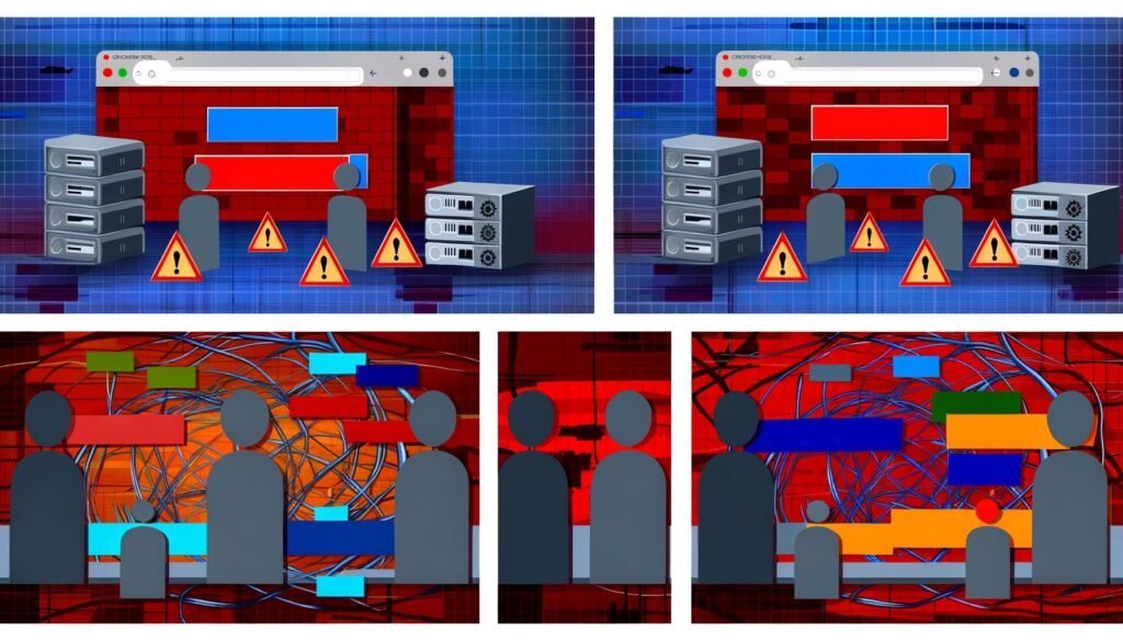 Technische Illustration von Internet-Sperren: Warnzeichen blockieren Webadressen, Richter- und Politiker-Silhouetten im Hintergrund, User nutzen VPN, Proxy und alternative DNS-Server zum Umgehen von Netzblockaden.