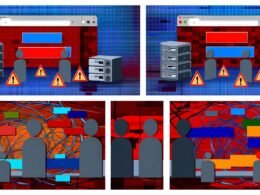 Technische Illustration von Internet-Sperren: Warnzeichen blockieren Webadressen, Richter- und Politiker-Silhouetten im Hintergrund, User nutzen VPN, Proxy und alternative DNS-Server zum Umgehen von Netzblockaden.