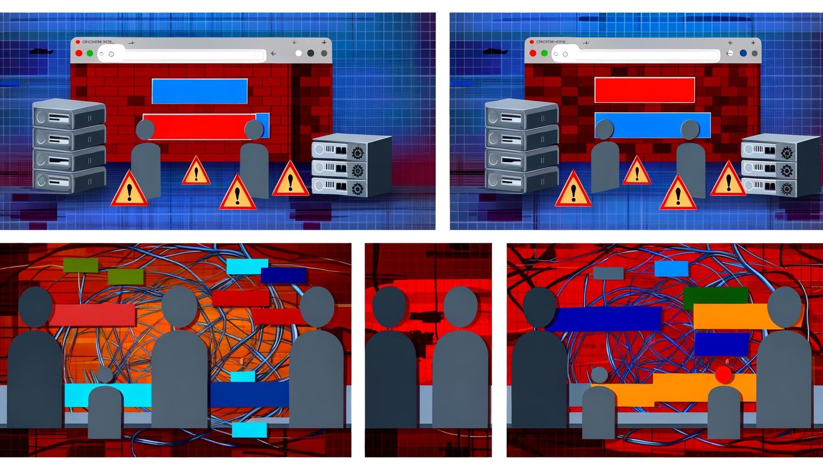 Technische Illustration von Internet-Sperren: Warnzeichen blockieren Webadressen, Richter- und Politiker-Silhouetten im Hintergrund, User nutzen VPN, Proxy und alternative DNS-Server zum Umgehen von Netzblockaden.
