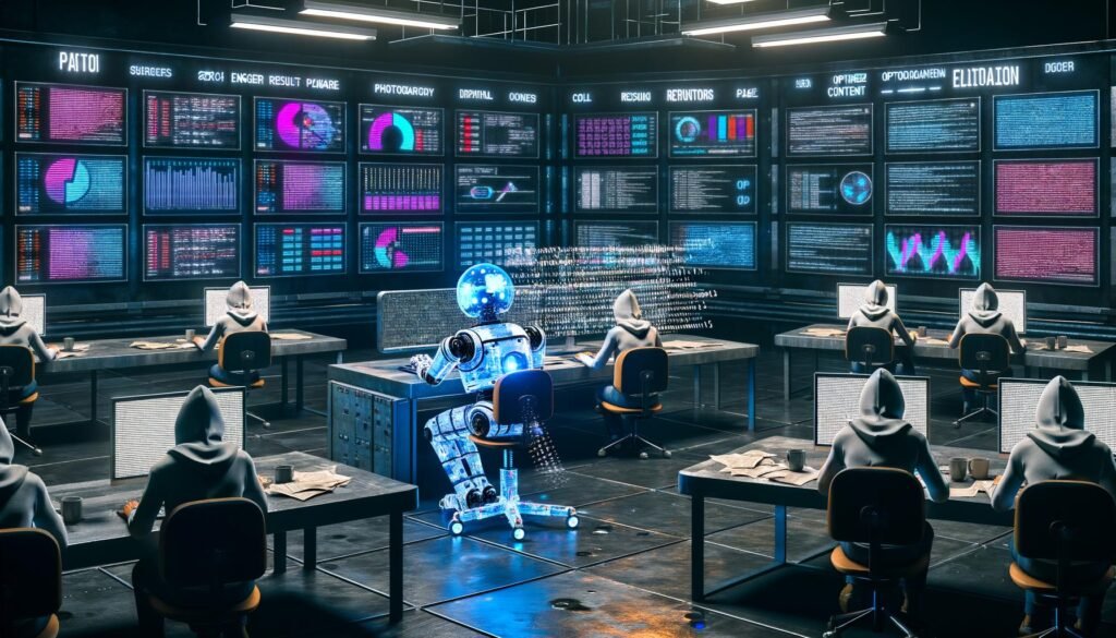 Futuristischer Newsroom mit KI-Roboter an großer Tastatur und Redakteuren an holographischen Arbeitsplätzen vor Monitorwänden voller Daten