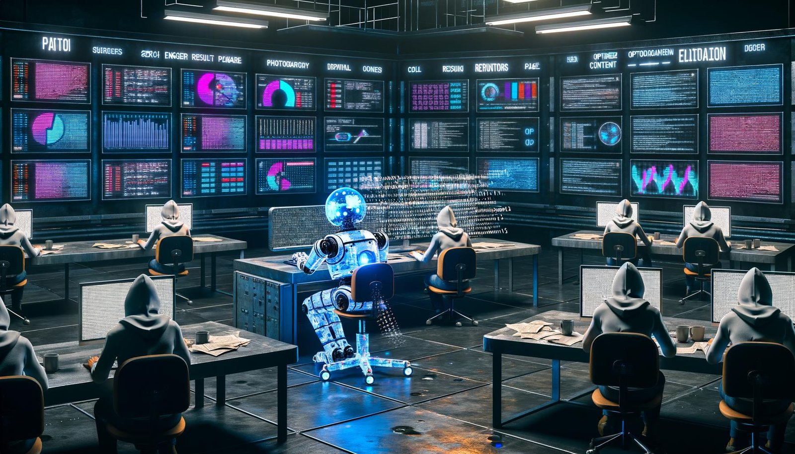 Futuristischer Newsroom mit KI-Roboter an großer Tastatur und Redakteuren an holographischen Arbeitsplätzen vor Monitorwänden voller Daten