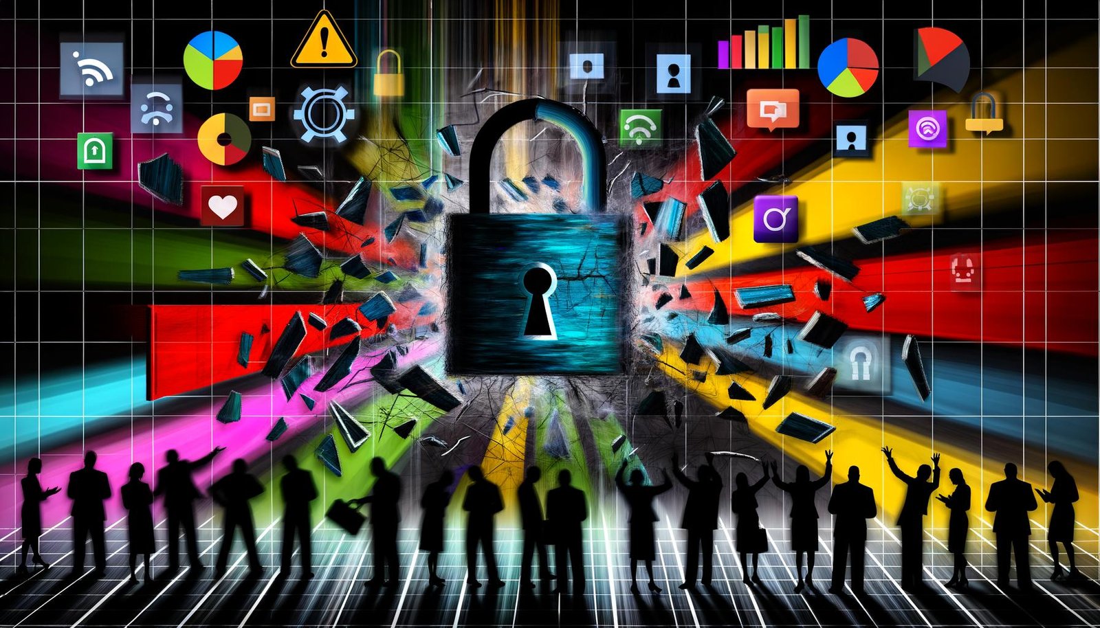 Dramatische Illustration einer zersplitterten Computerwelt mit Vorhängeschloss, fragmentierten Netzwerkkabeln, verblassenden Icons von Suchmaschinen, Marketing-Dashboards und Social Media, Warnbalken, technischen Sperr-Symbolen sowie ratlosen Business-Menschen und deutenden Politikern.