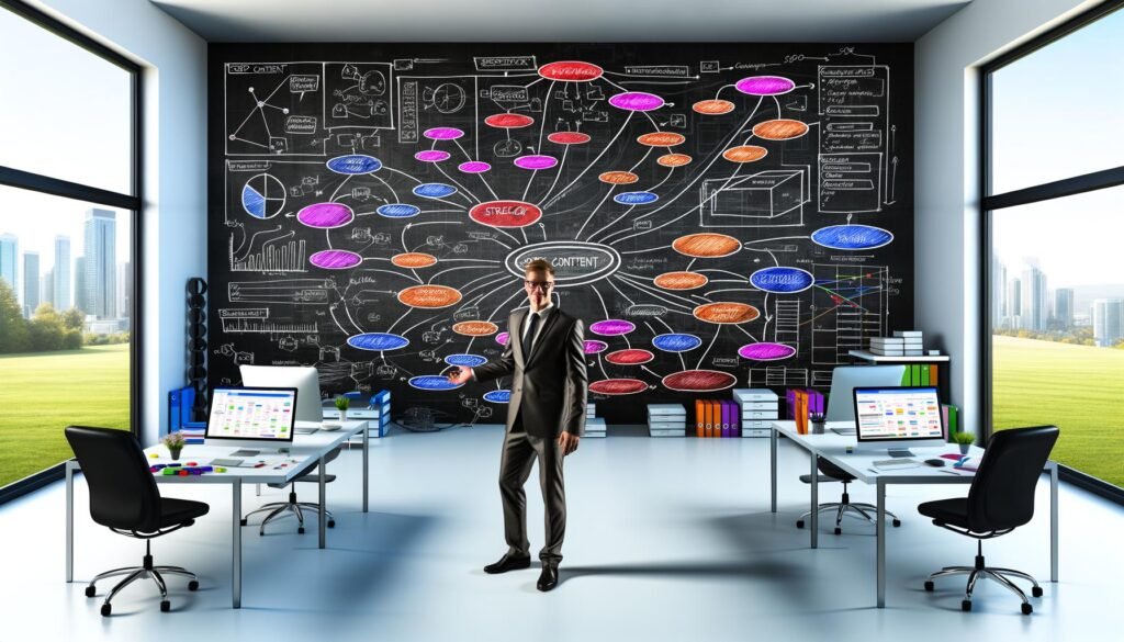 Digitalstratege erklärt einen ausgearbeiteten SEO Content Blueprint mit Mindmaps, farbigen Notizen und Analyse-Dashboards auf einem modernen Arbeitsplatz.