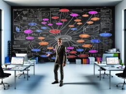 Digitalstratege erklärt einen ausgearbeiteten SEO Content Blueprint mit Mindmaps, farbigen Notizen und Analyse-Dashboards auf einem modernen Arbeitsplatz.