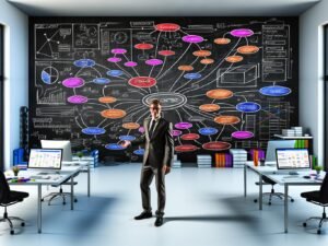 Digitalstratege erklärt einen ausgearbeiteten SEO Content Blueprint mit Mindmaps, farbigen Notizen und Analyse-Dashboards auf einem modernen Arbeitsplatz.