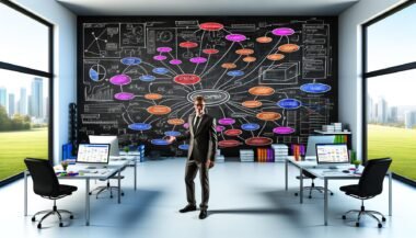 Digitalstratege erklärt einen ausgearbeiteten SEO Content Blueprint mit Mindmaps, farbigen Notizen und Analyse-Dashboards auf einem modernen Arbeitsplatz.