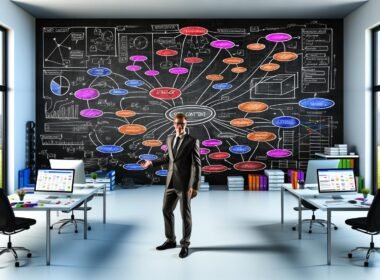 Digitalstratege erklärt einen ausgearbeiteten SEO Content Blueprint mit Mindmaps, farbigen Notizen und Analyse-Dashboards auf einem modernen Arbeitsplatz.