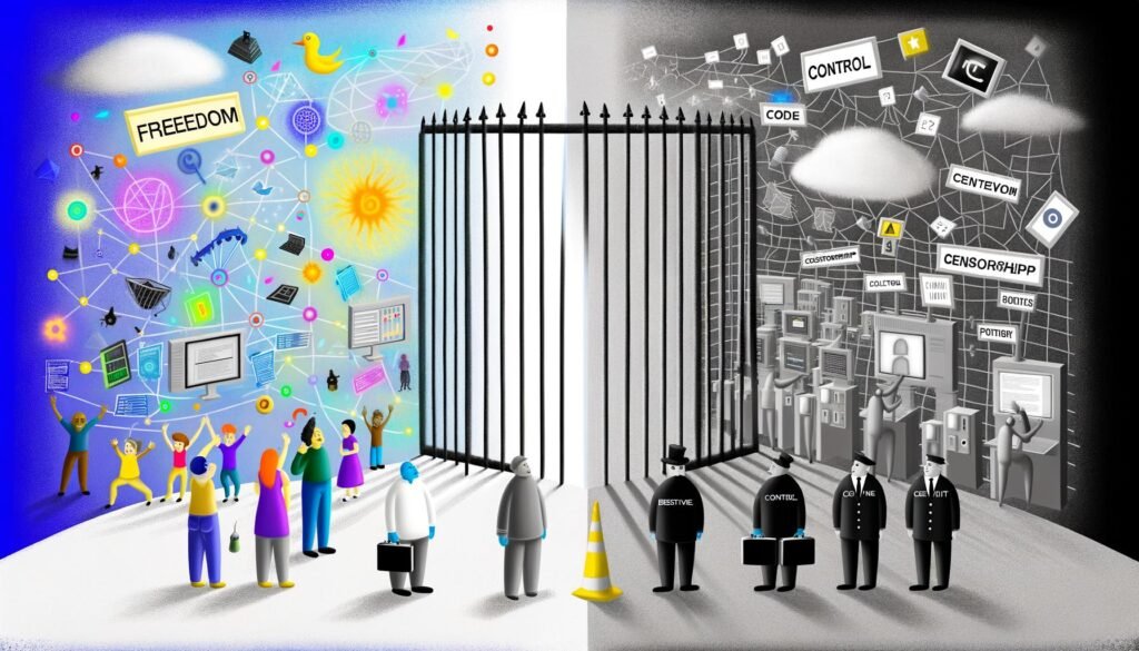 Illustration eines zweigeteilten Internets mit freiem, buntem Bereich und kontrolliertem, grauem Netz, getrennt durch Behördenfiguren, darüber Begriffe wie Freiheit und Kontrolle.