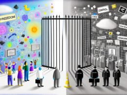 Illustration eines zweigeteilten Internets mit freiem, buntem Bereich und kontrolliertem, grauem Netz, getrennt durch Behördenfiguren, darüber Begriffe wie Freiheit und Kontrolle.