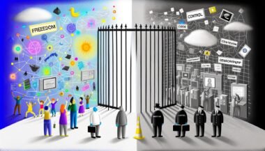 Illustration eines zweigeteilten Internets mit freiem, buntem Bereich und kontrolliertem, grauem Netz, getrennt durch Behördenfiguren, darüber Begriffe wie Freiheit und Kontrolle.