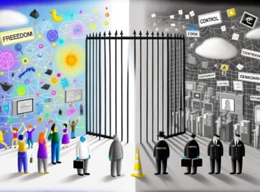 Illustration eines zweigeteilten Internets mit freiem, buntem Bereich und kontrolliertem, grauem Netz, getrennt durch Behördenfiguren, darüber Begriffe wie Freiheit und Kontrolle.