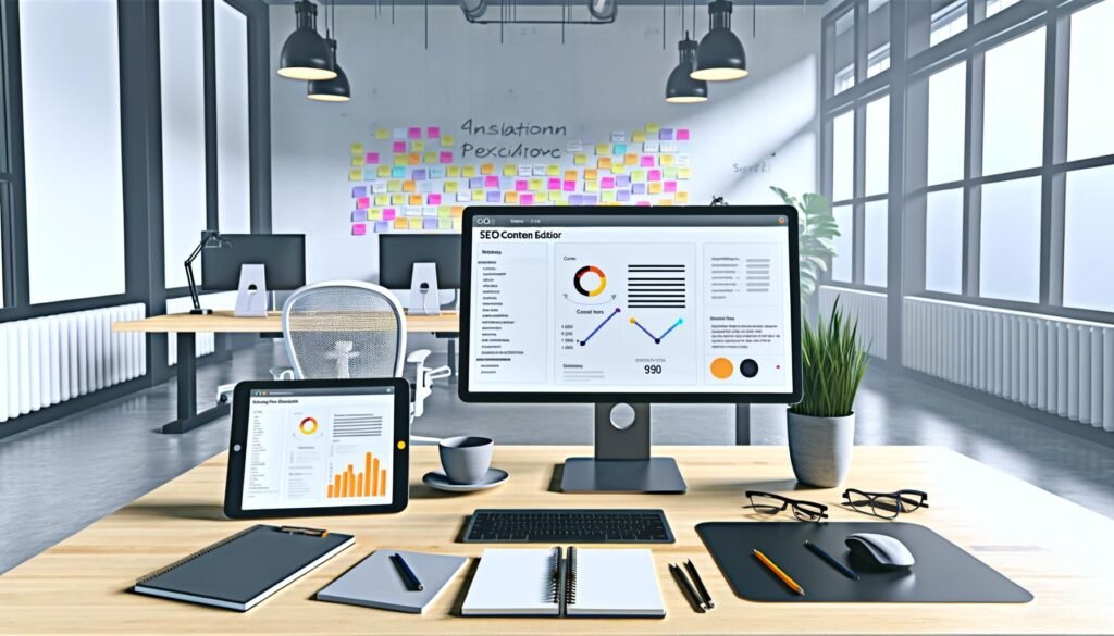 Modernes, aufgeräumtes Büro mit Schreibtisch, zwei Monitoren mit SEO Tool, Notizblöcken, Tablet, Kaffeebecher und inspirierenden Post-its an der Wand.