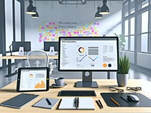 Modernes, aufgeräumtes Büro mit Schreibtisch, zwei Monitoren mit SEO Tool, Notizblöcken, Tablet, Kaffeebecher und inspirierenden Post-its an der Wand.