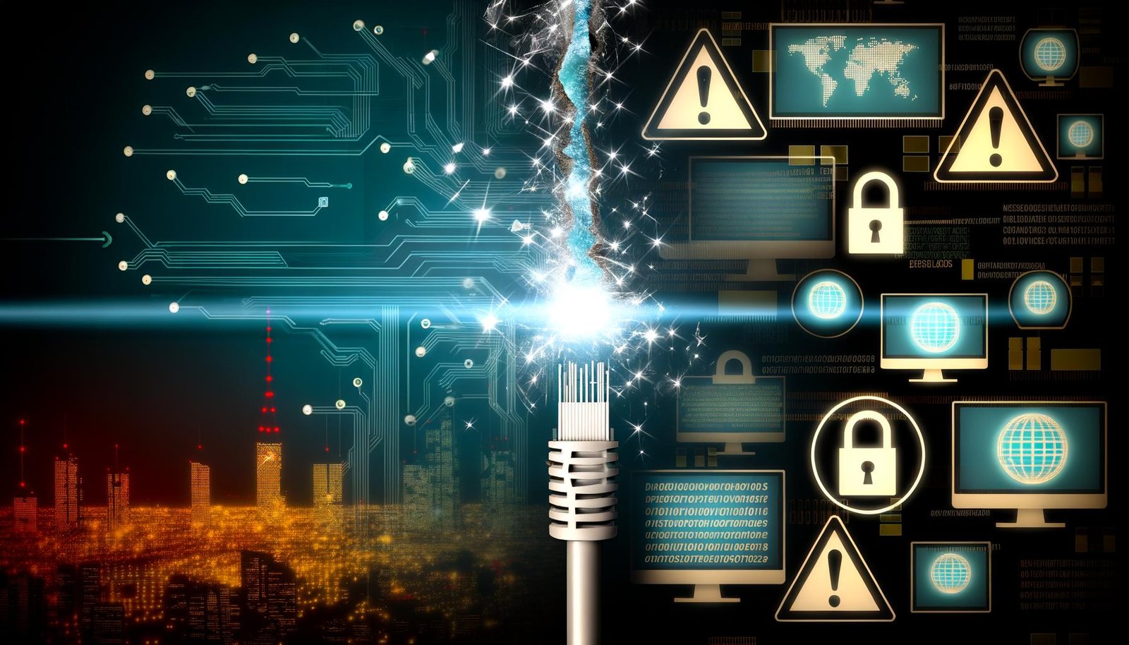 Digitales Schlachtfeld mit gespaltenem Internetkabel, Icons für DNS, IP und Online-Sicherheit über einer Skyline aus Computerchips; linke Seite strahlt Sicherheit, rechte Seite warnt vor Zensur und Gefahr. Überschrift zum Reality-Check für das freie Netz 2025.