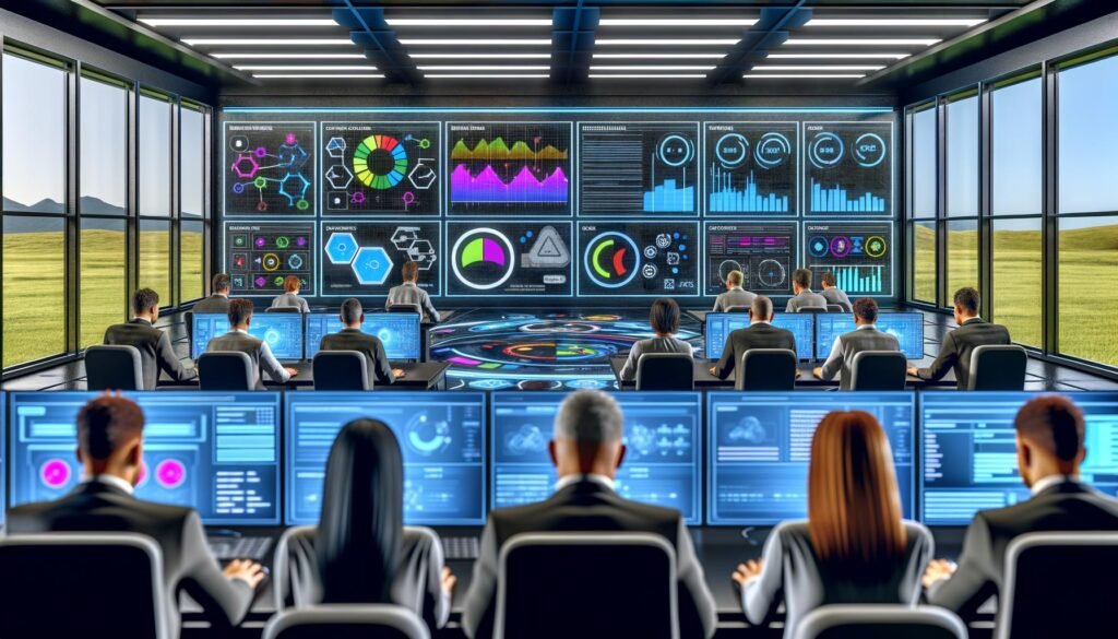 Digitale Marketing-Experten analysieren professionelle Dashboards mit bunten KPIs, Tracking-Pixeln, Codeausschnitten und Attributionsmodellen in einem modernen Büro.