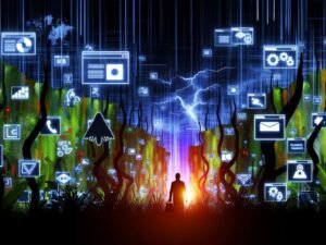 Metaphorischer digitaler Dschungel mit leuchtendem Code, Werbebannern, Trackern und Marketern, die sich mit Taschenlampen durch Daten-Chaos in einer stürmischen Landschaft mit dem Schriftzug 2025 kämpfen.