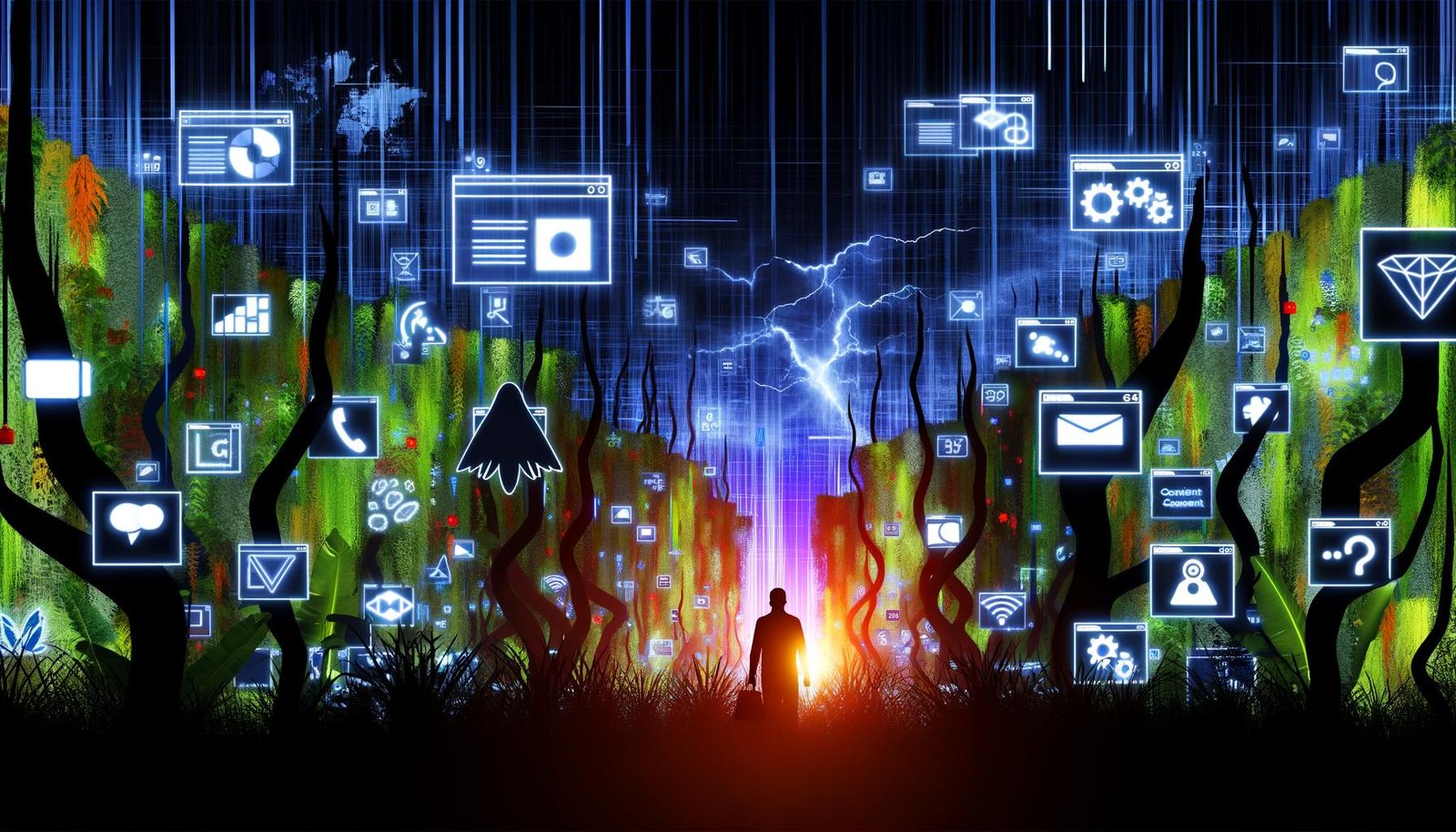 Metaphorischer digitaler Dschungel mit leuchtendem Code, Werbebannern, Trackern und Marketern, die sich mit Taschenlampen durch Daten-Chaos in einer stürmischen Landschaft mit dem Schriftzug 2025 kämpfen.