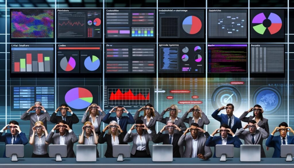 Futuristischer Arbeitsplatz mit Marketingteams, die an bunten Dashboards verzweifeln, und Analysten, die Tracking-Tools zerlegen und Datenblindstellen aufdecken. Im Hintergrund Symbole für Pixelcodes, Server, Consent und durchgestrichene Cookies.