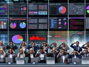 Futuristischer Arbeitsplatz mit Marketingteams, die an bunten Dashboards verzweifeln, und Analysten, die Tracking-Tools zerlegen und Datenblindstellen aufdecken. Im Hintergrund Symbole für Pixelcodes, Server, Consent und durchgestrichene Cookies.