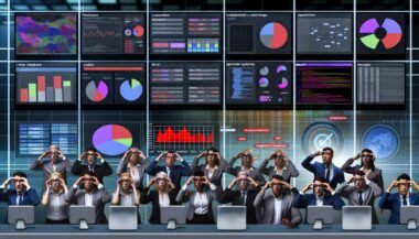 Futuristischer Arbeitsplatz mit Marketingteams, die an bunten Dashboards verzweifeln, und Analysten, die Tracking-Tools zerlegen und Datenblindstellen aufdecken. Im Hintergrund Symbole für Pixelcodes, Server, Consent und durchgestrichene Cookies.