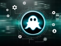Futuristisches, schwebendes Ghost-Logo im Zentrum eines abstrakten digitalen Workflows mit Datenströmen, API-Symbolen, Zahnrädern und Dashboards, akzentuiert durch türkisfarbene Highlights.